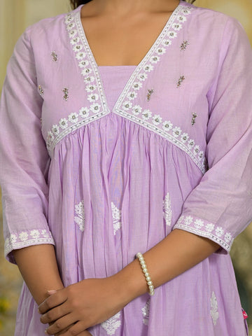 Varanga Women Lavender Embroidered A-Line Empire Kurta Paired With Tonal Bottom And Tonal Embroidered Dupatta